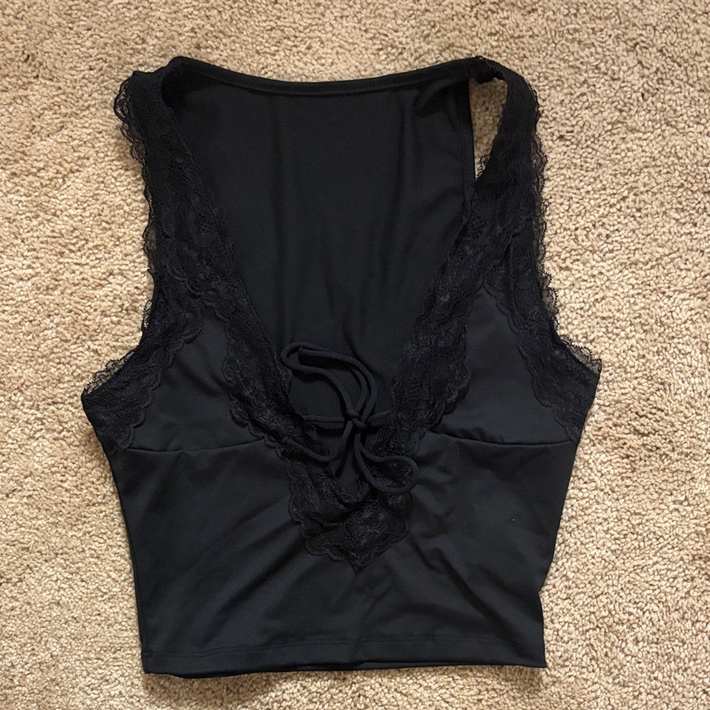 Black Satin Lace Trim Tank Top